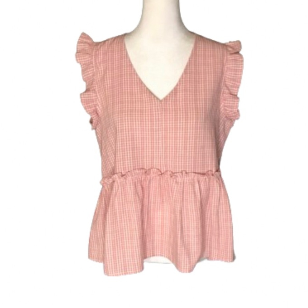 &Mercy Tie Back Gingham Print Peplum Top in Pink Size Medium